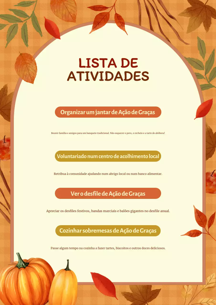 cartaz rústico laranja da lista de verificação das actividades do Dia de Ação de Graças