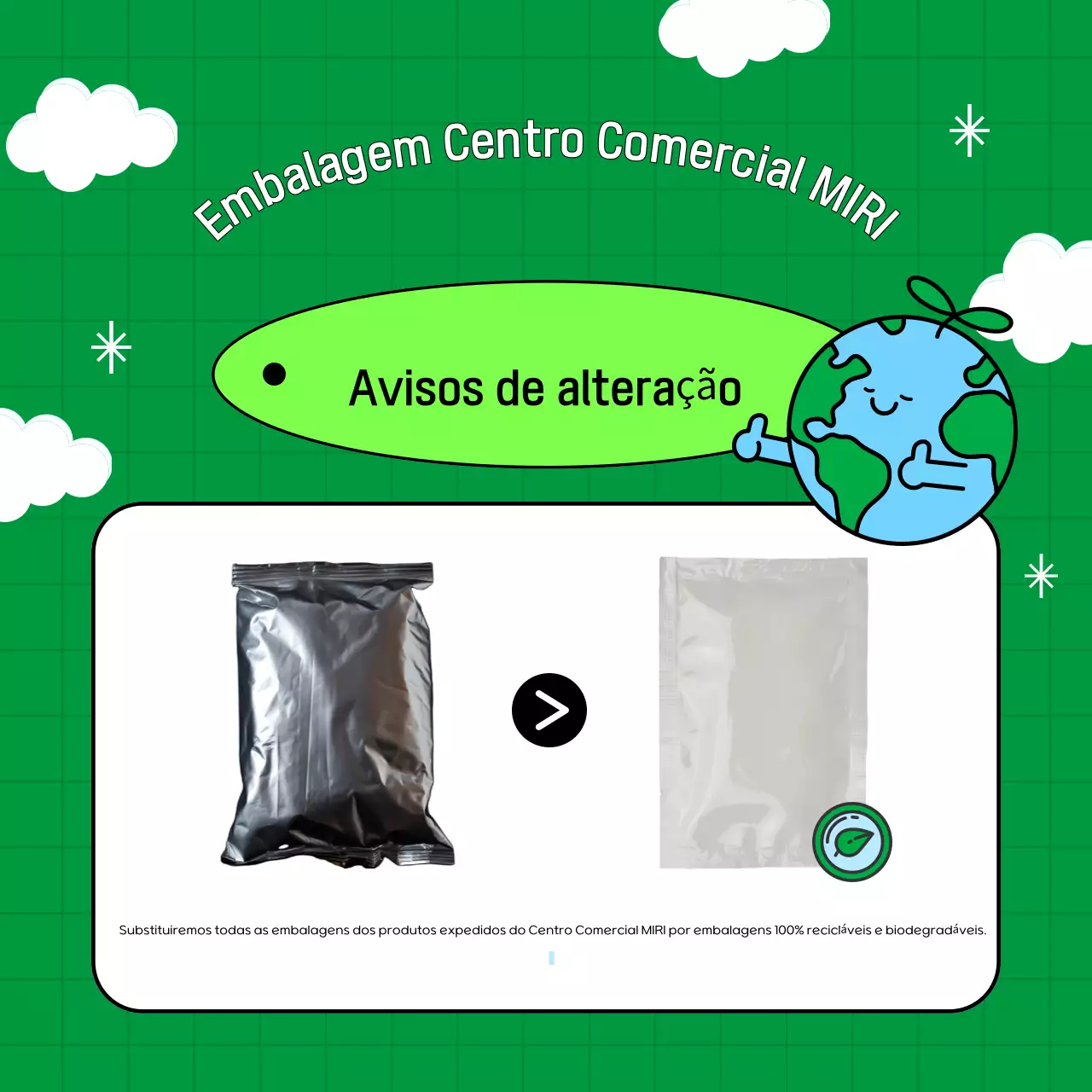 Anúncio de uma mudança para embalagens ecológicas simples, verdes e brancas