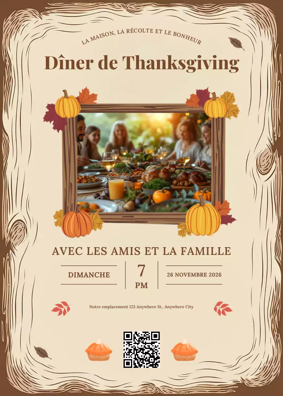 Invitation à un dîner de Thanksgiving rustique marron