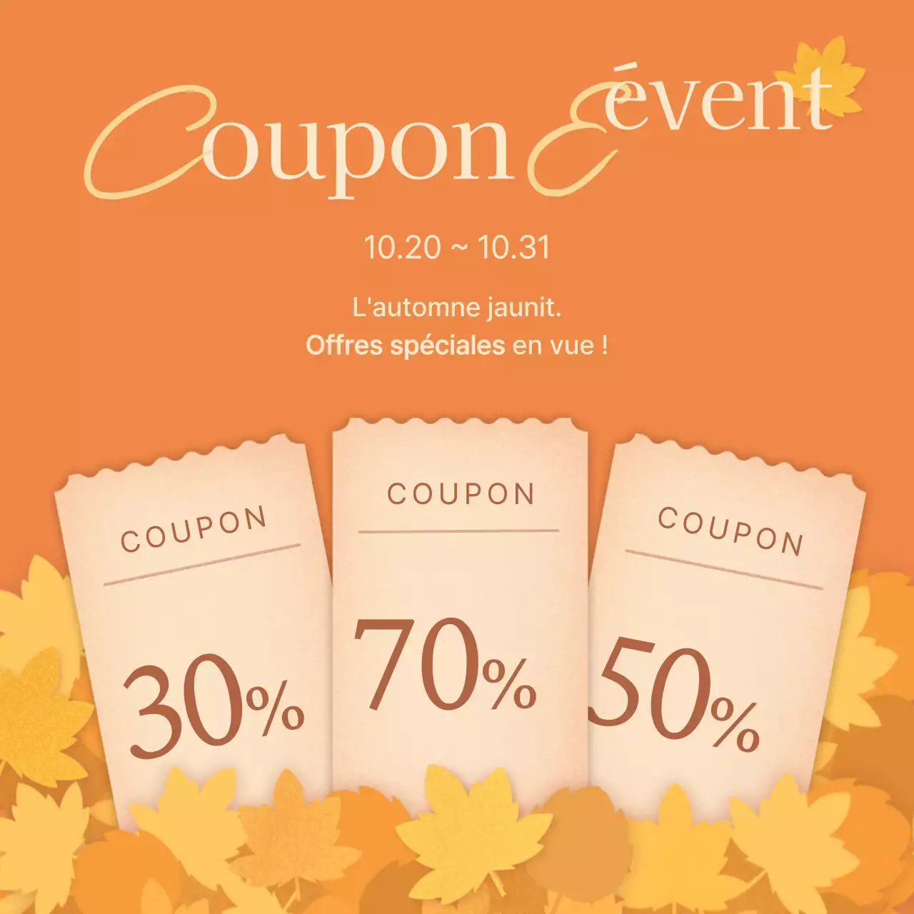 Promouvoir les événements de couponing d'automne avec des feuilles mortes orange et jaunes.