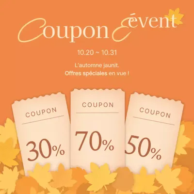 Promouvoir les événements de couponing d'automne avec des feuilles mortes orange et jaunes.