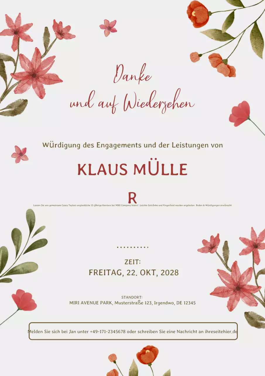 Floral Elegante Abschieds Dankeschön und Auf Wiedersehen Einladung