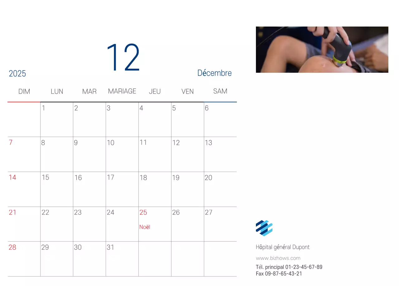 Calendrier promotionnel d'hôpital simple blanc marine