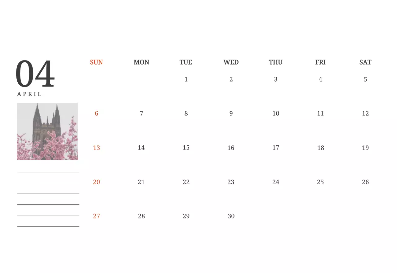 Kalender konsep fotografis yang menampilkan gereja dalam lukisan lanskap