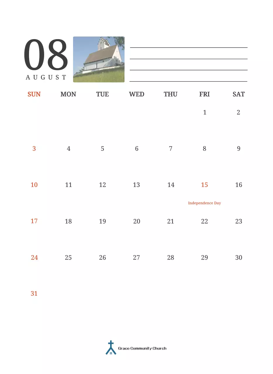 Kalender konsep fotografis yang menampilkan gereja dalam lukisan lanskap