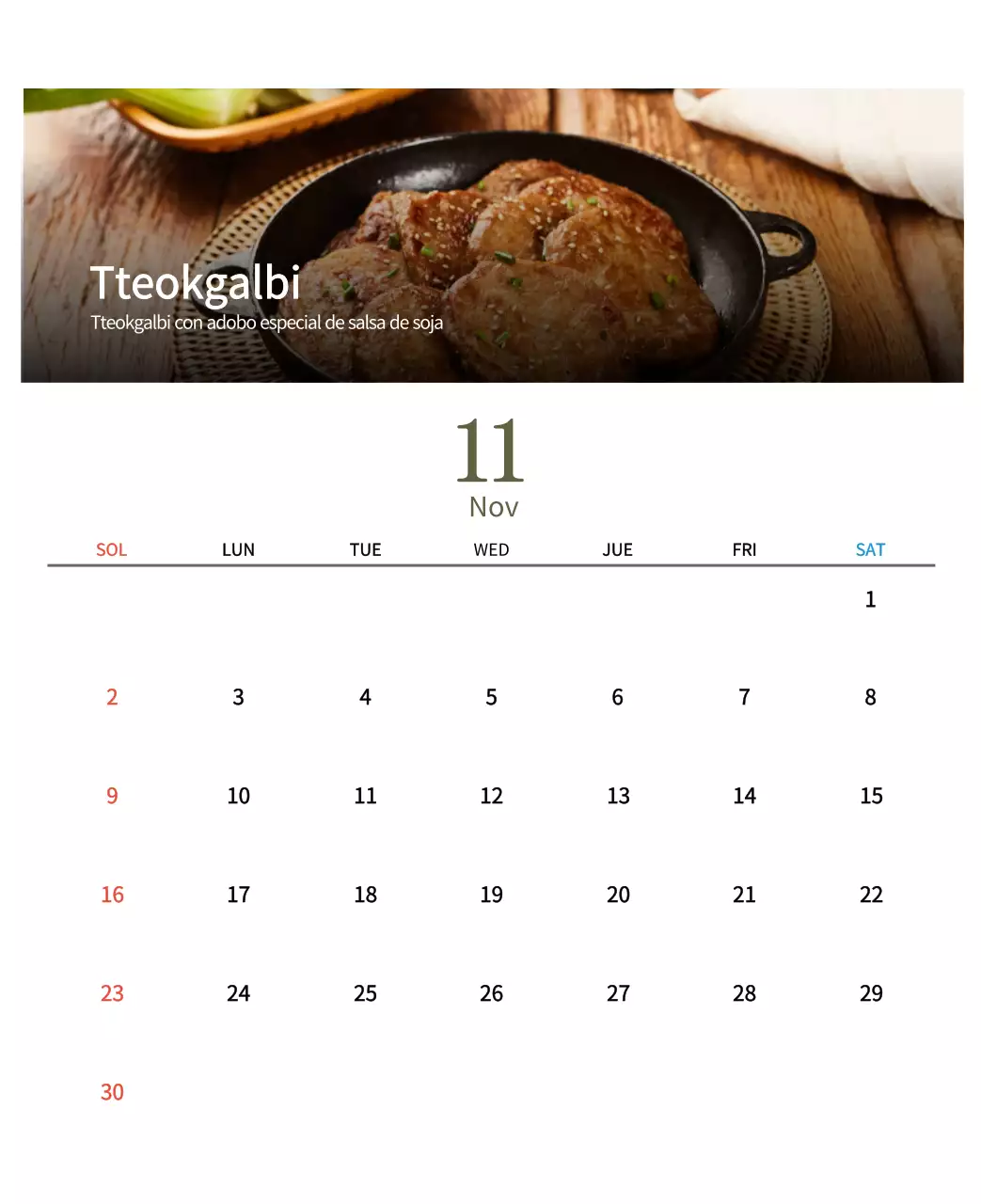 Calendario de comidas tradicionales en beige