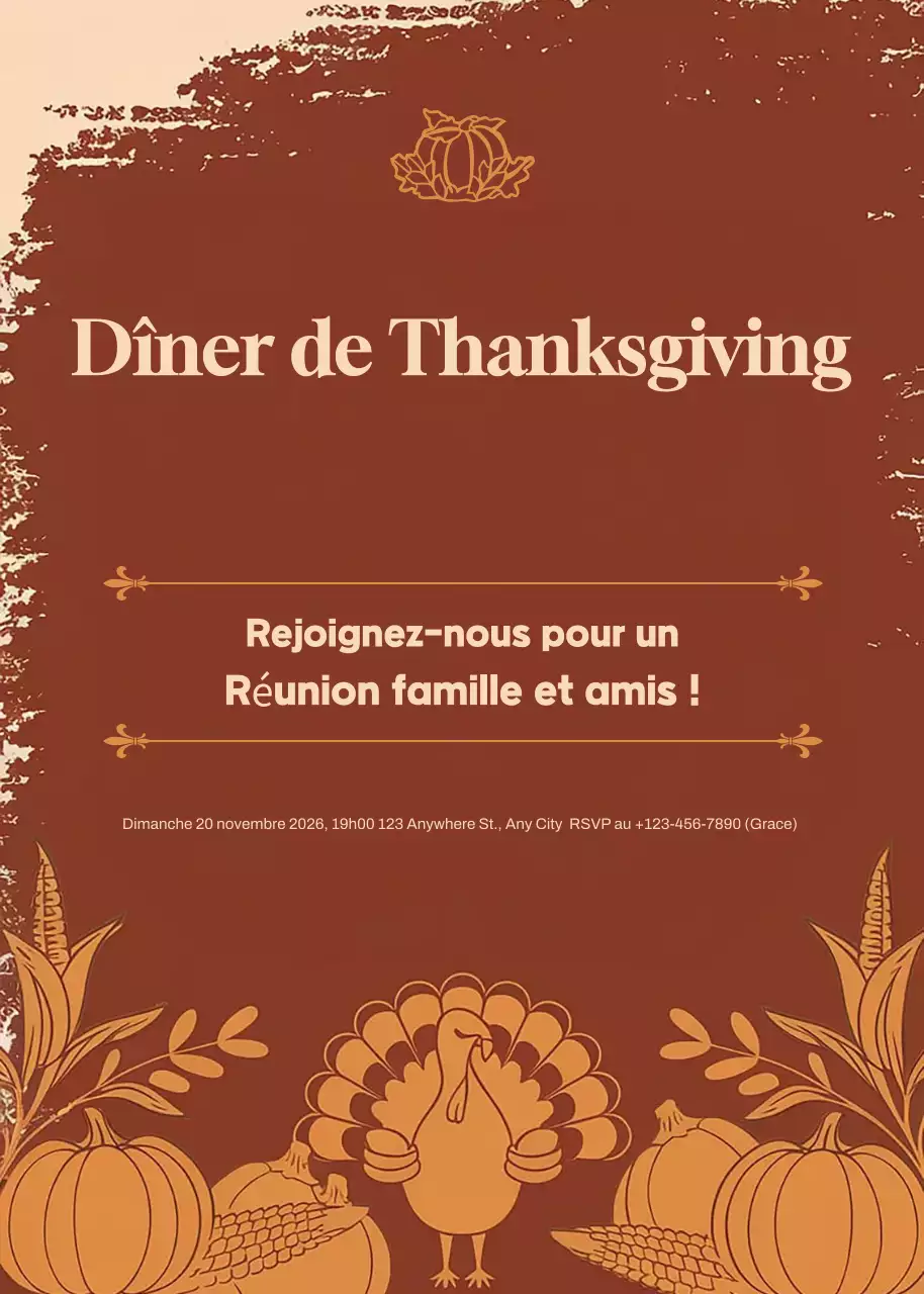 Invitation à un dîner traditionnel de Thanksgiving en marron