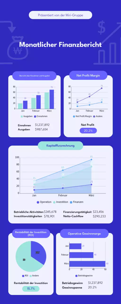 Infografik zum monatlichen Finanzbericht in Blau und Weiß