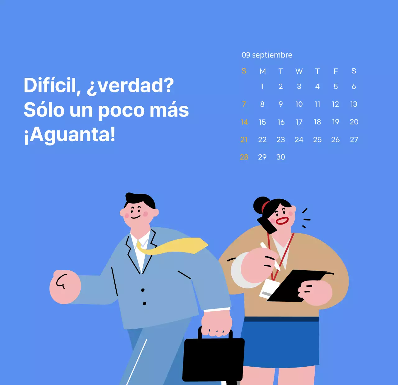 Calendario motivacional con ilustraciones llenas de energía y citas positivas sobre fondo azul claro