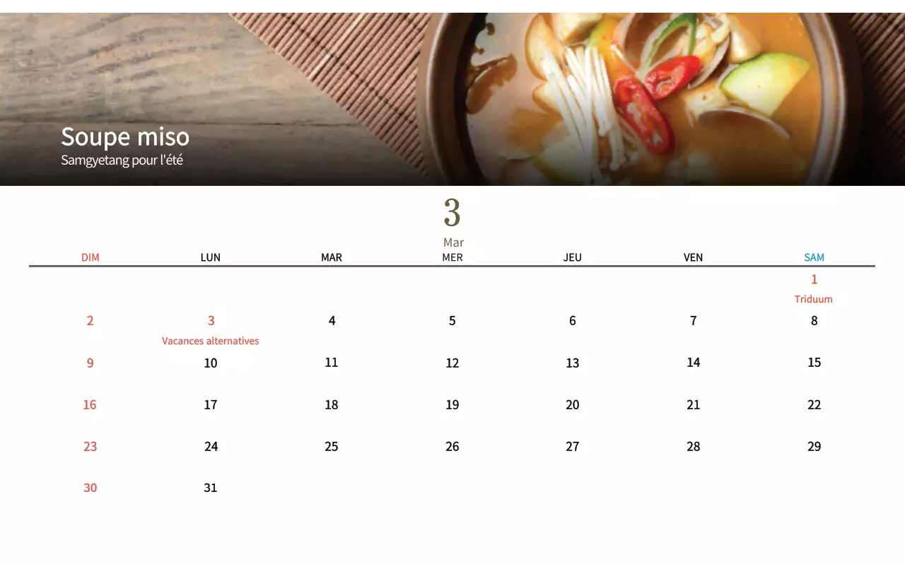 Calendrier de l'alimentation traditionnelle beige