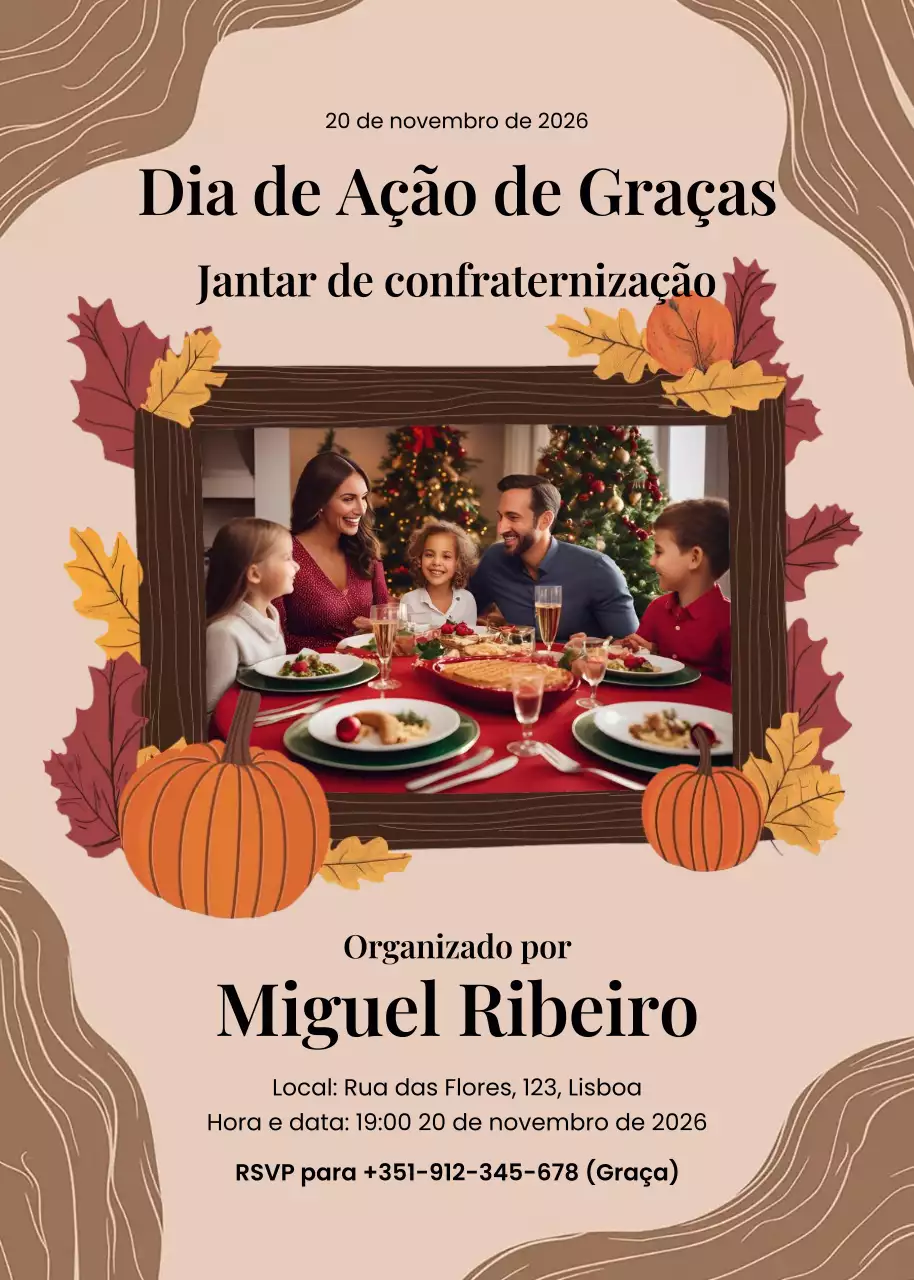 Convite tradicional bege para o jantar de Ação de Graças