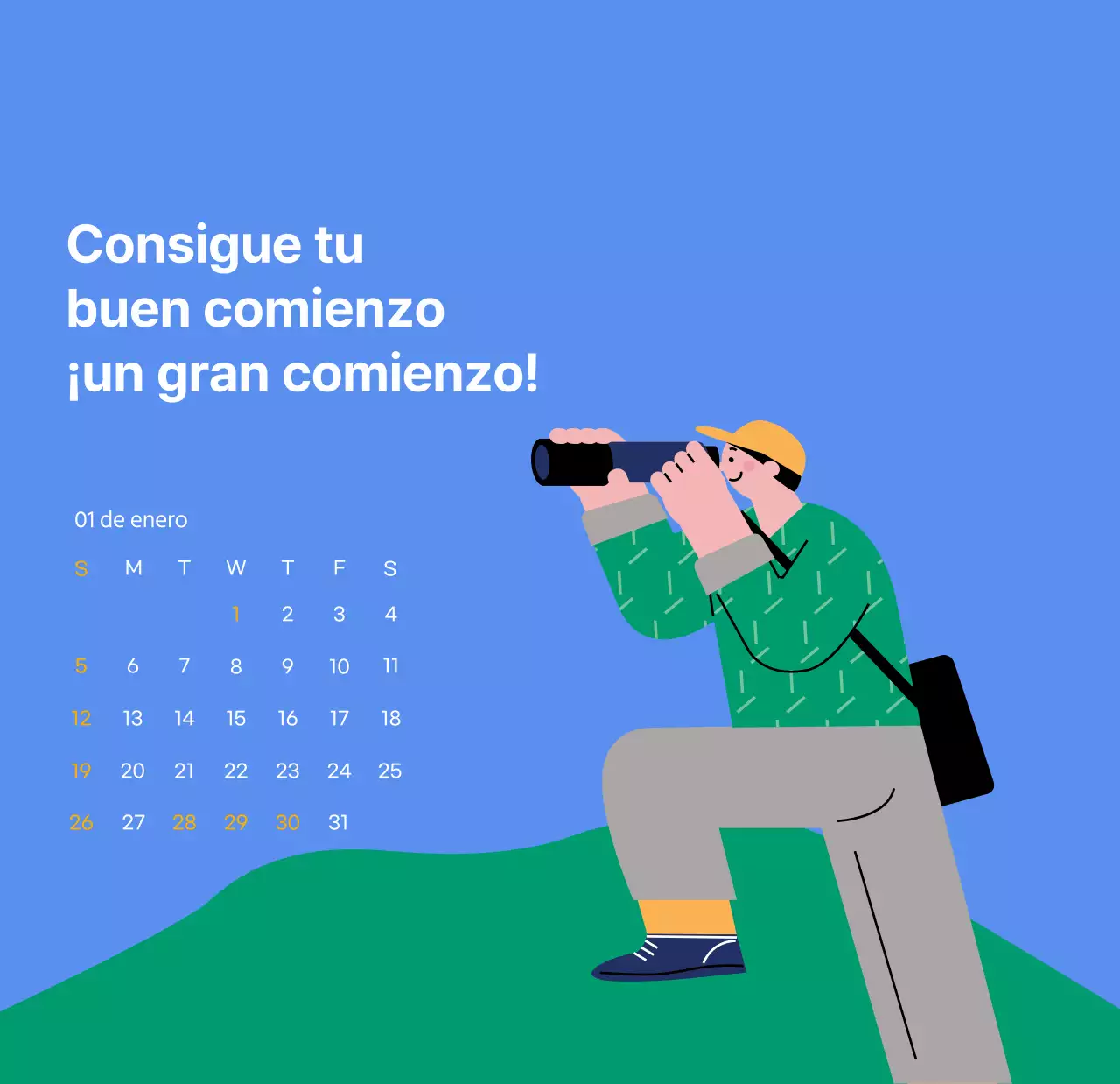 Calendario motivacional con ilustraciones llenas de energía y citas positivas sobre fondo azul claro
