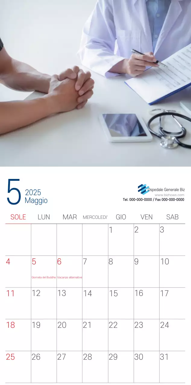 Calendario promozionale dell'ospedale semplice, bianco e blu