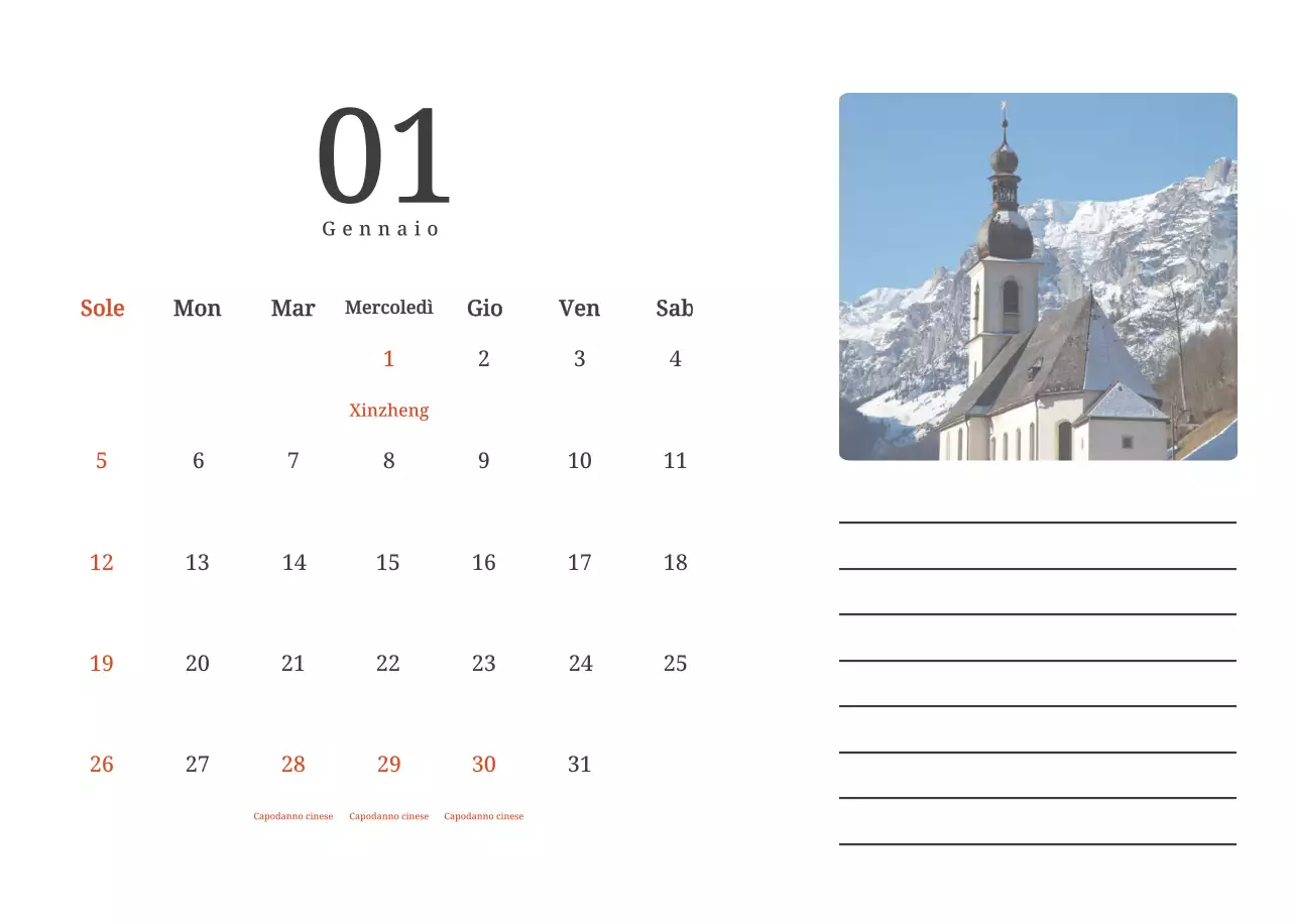 Un calendario fotografico con chiese in dipinti di paesaggio