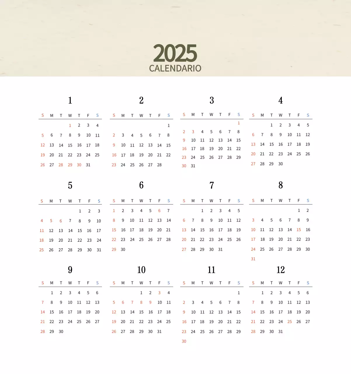 Calendario de comidas tradicionales en beige