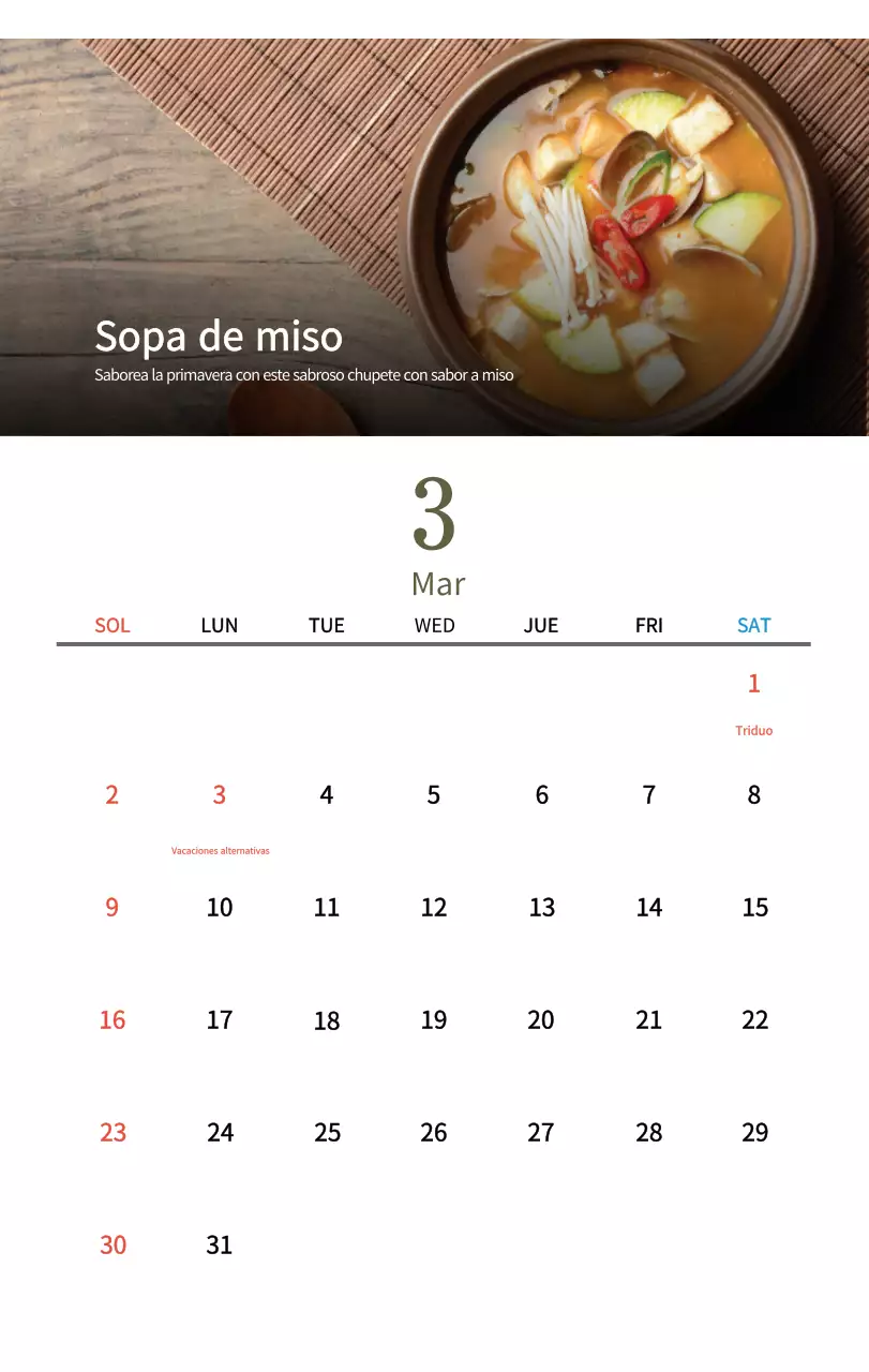 Calendario de comidas tradicionales en beige