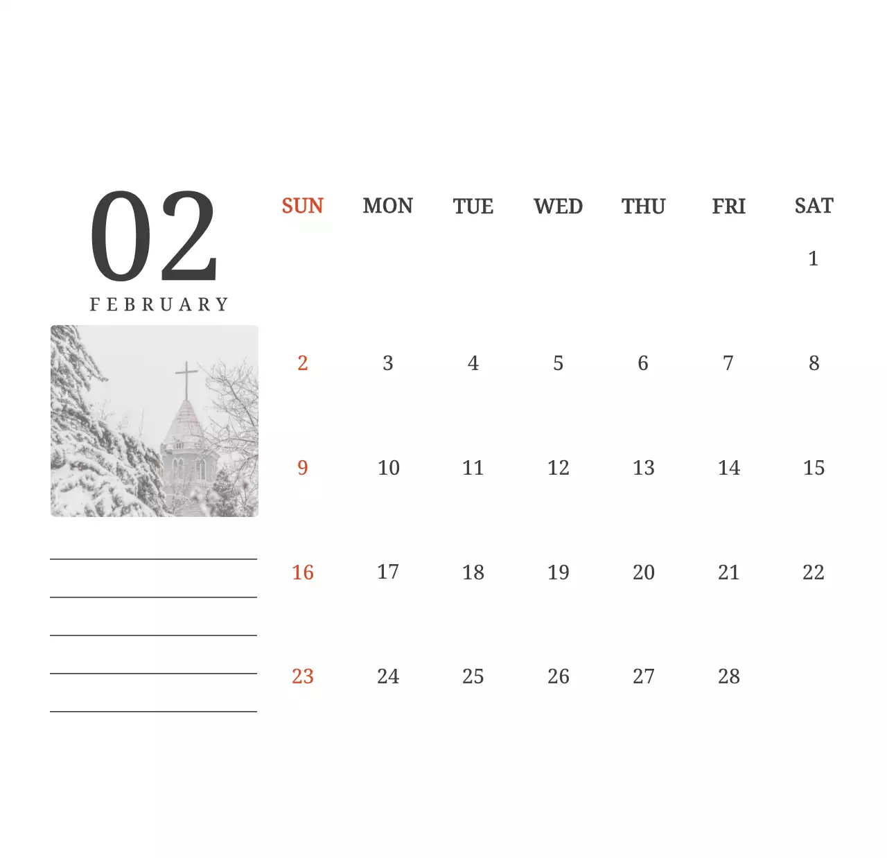 Kalender konsep fotografis yang menampilkan gereja dalam lukisan lanskap
