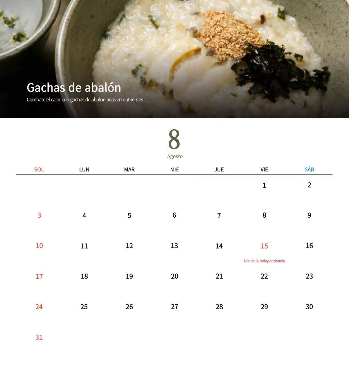 Calendario de comidas tradicionales en beige