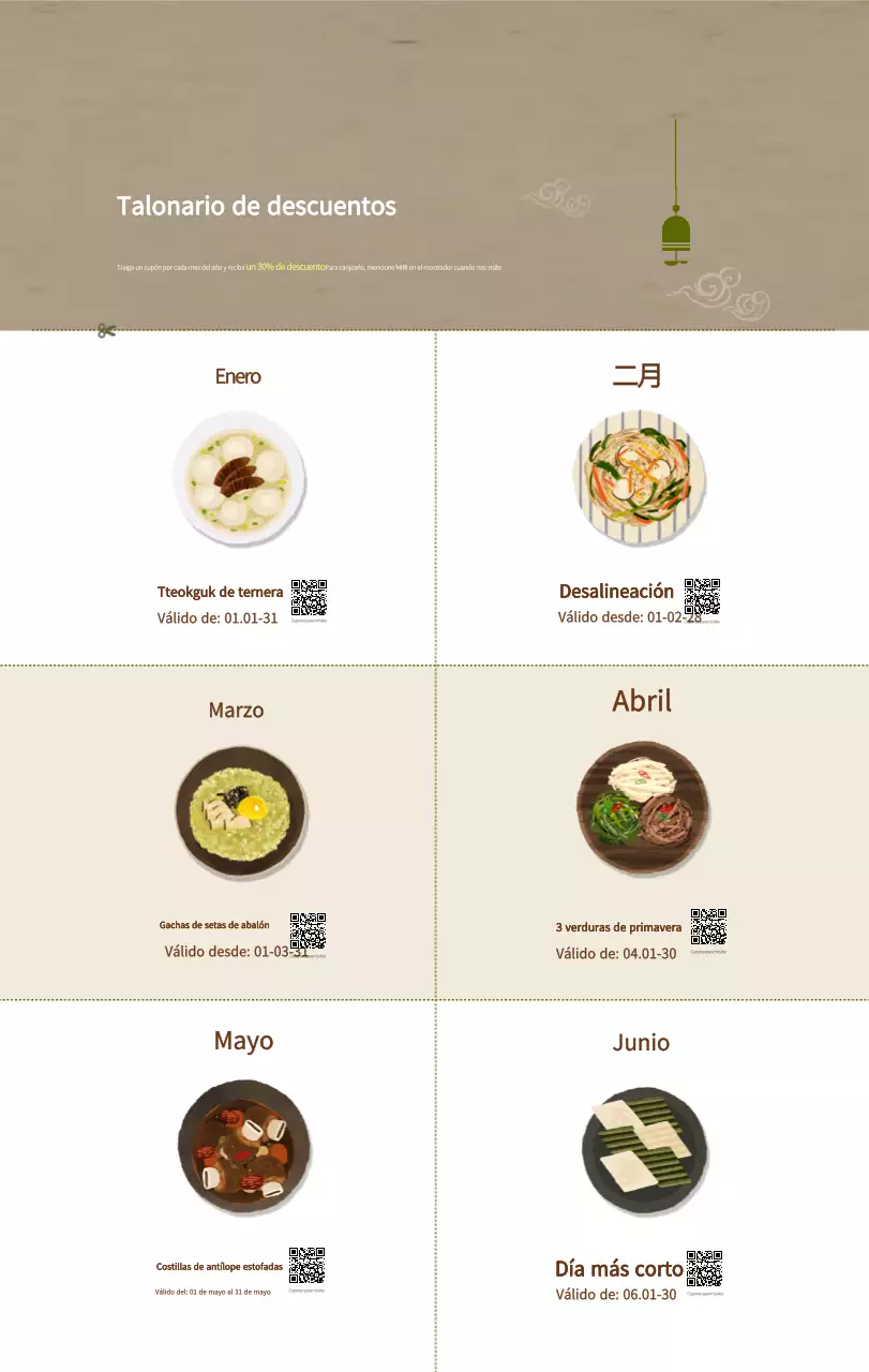 Calendario de comidas tradicionales en beige
