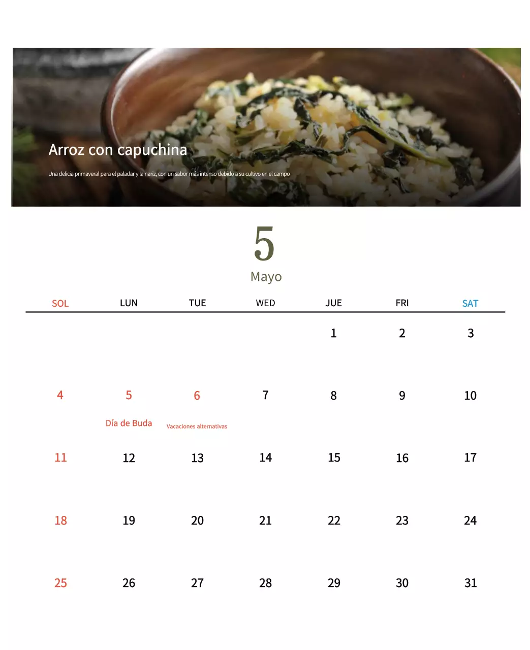 Calendario de comidas tradicionales en beige
