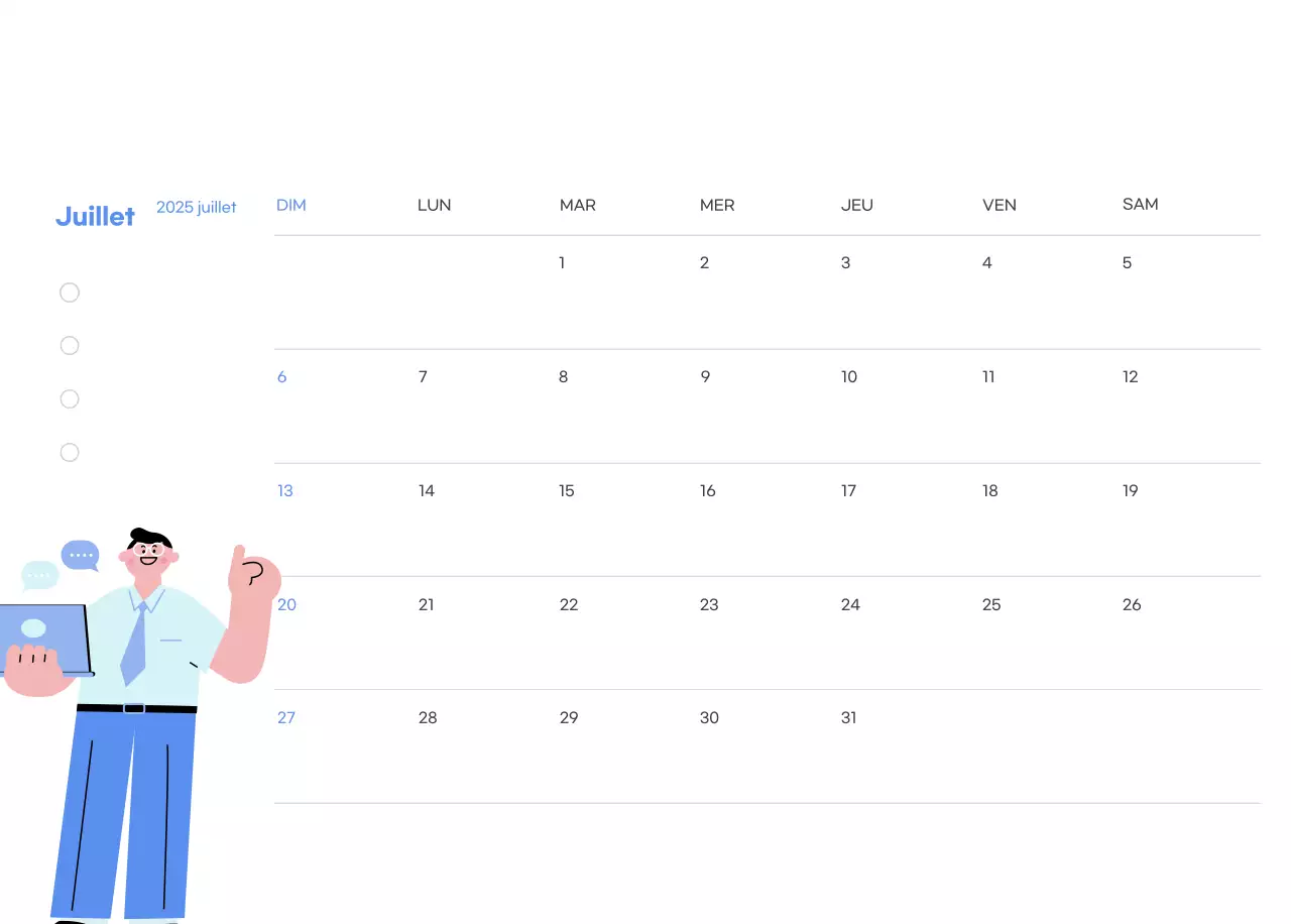 Calendrier de motivation avec des illustrations énergiques et des citations positives sur un fond bleu clair