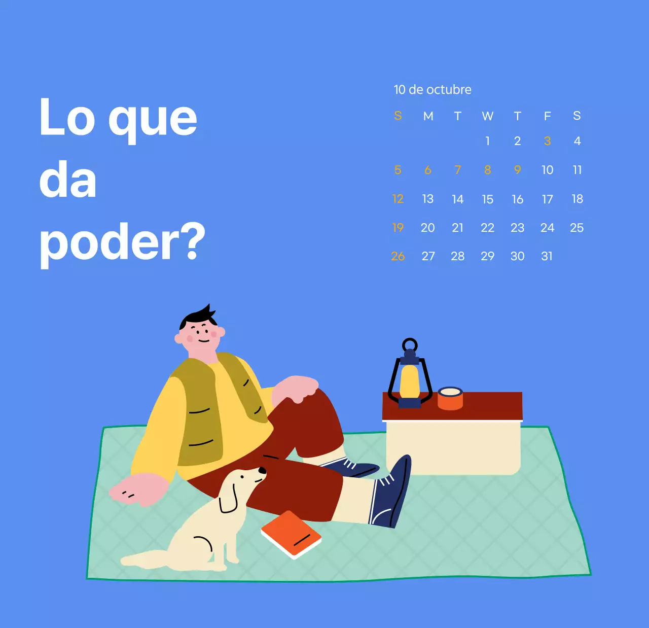 Calendario motivacional con ilustraciones llenas de energía y citas positivas sobre fondo azul claro