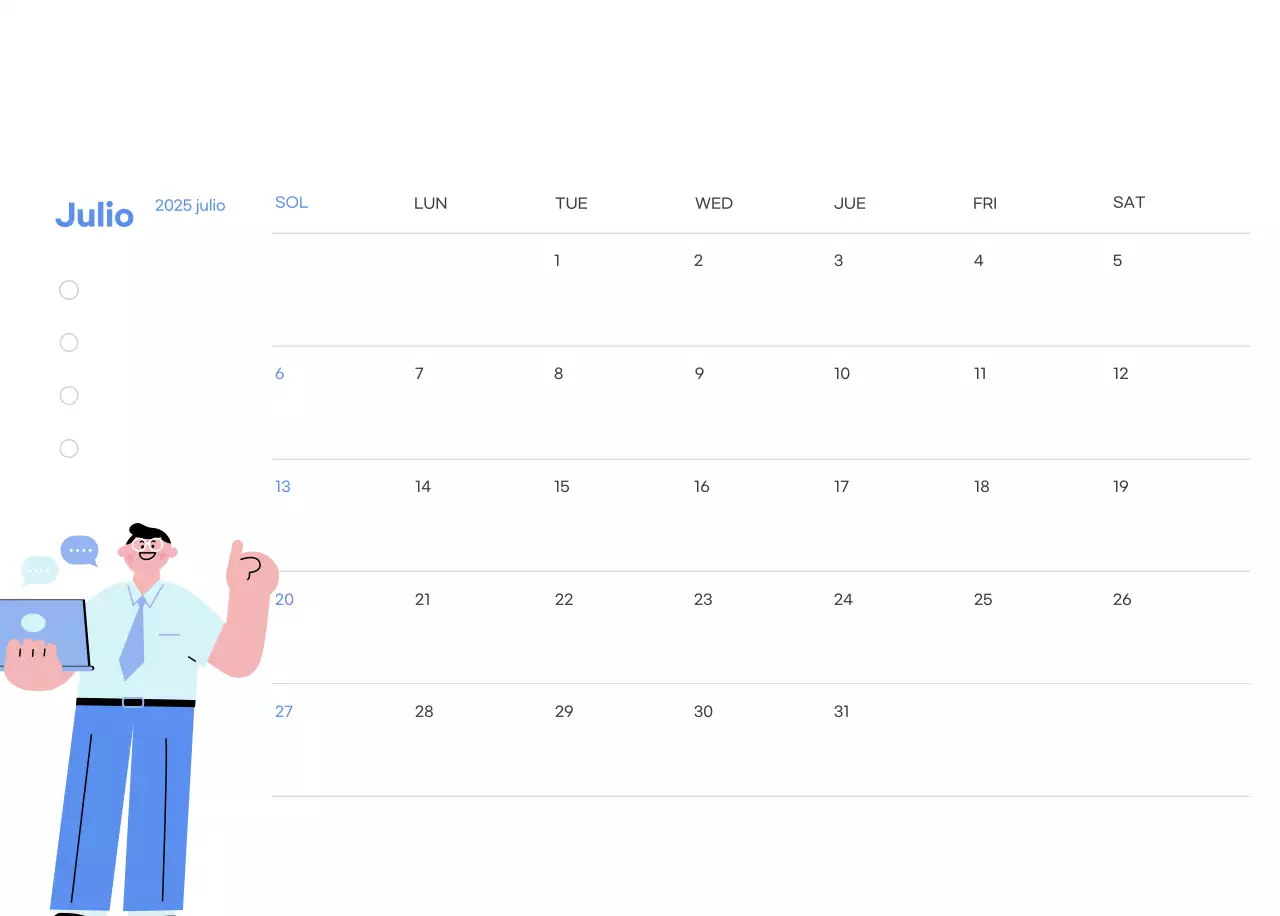 Calendario motivacional con ilustraciones llenas de energía y citas positivas sobre fondo azul claro