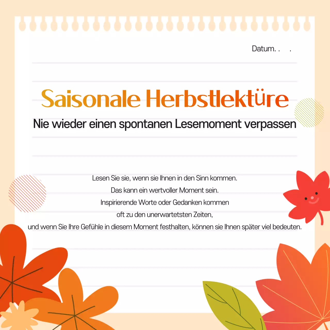 Eine niedliche orange-gelbe Herbstbuchclub-Werbeanzeige