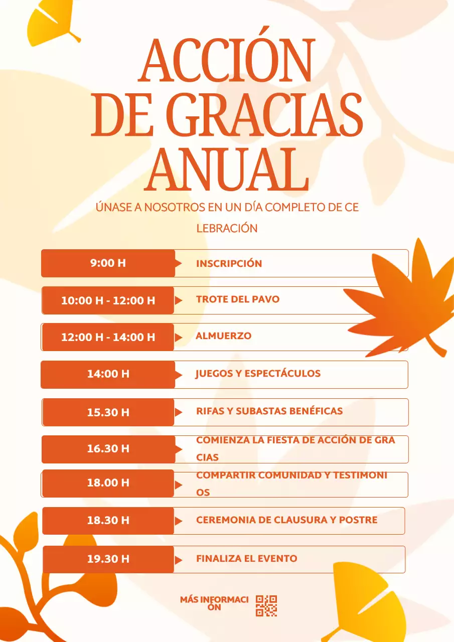 Cartel con el calendario de actividades de Acción de Gracias en blanco y naranja