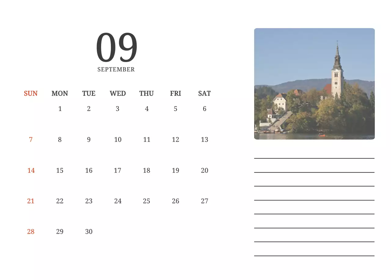 Kalender konsep fotografis yang menampilkan gereja dalam lukisan lanskap