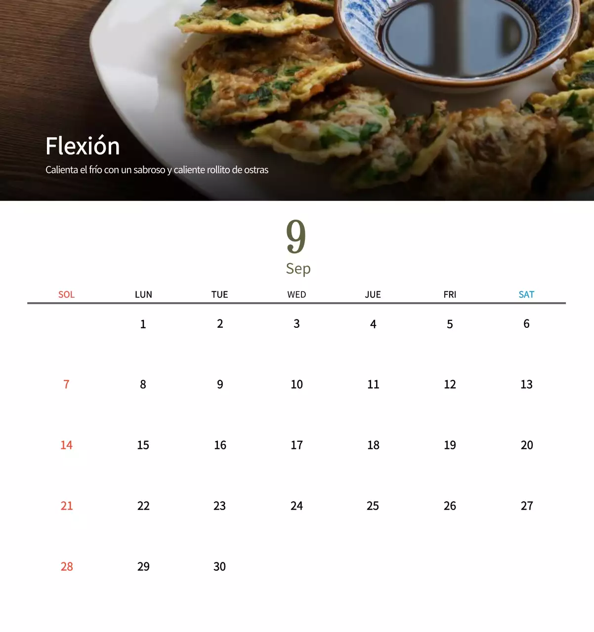 Calendario de comidas tradicionales en beige