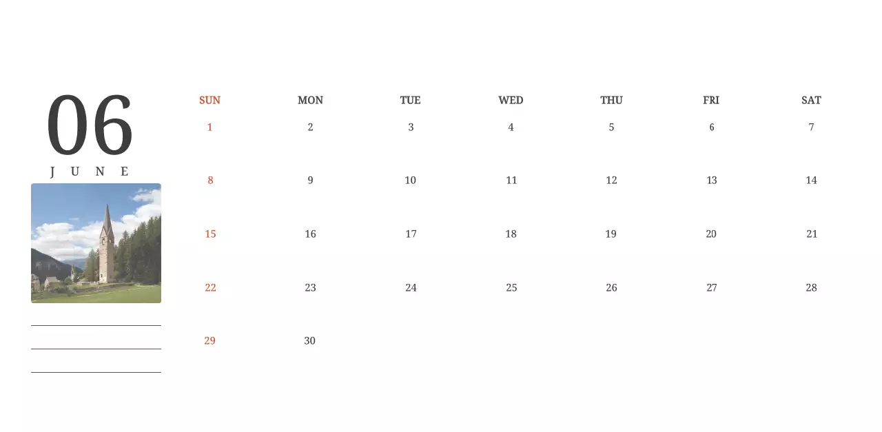 風景画の中の教会が際立つ写真コンセプトのカレンダー