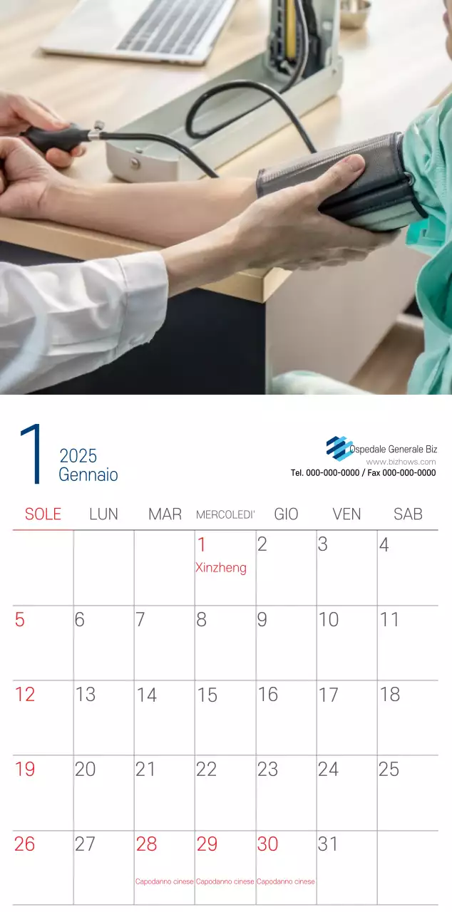 Calendario promozionale dell'ospedale semplice, bianco e blu