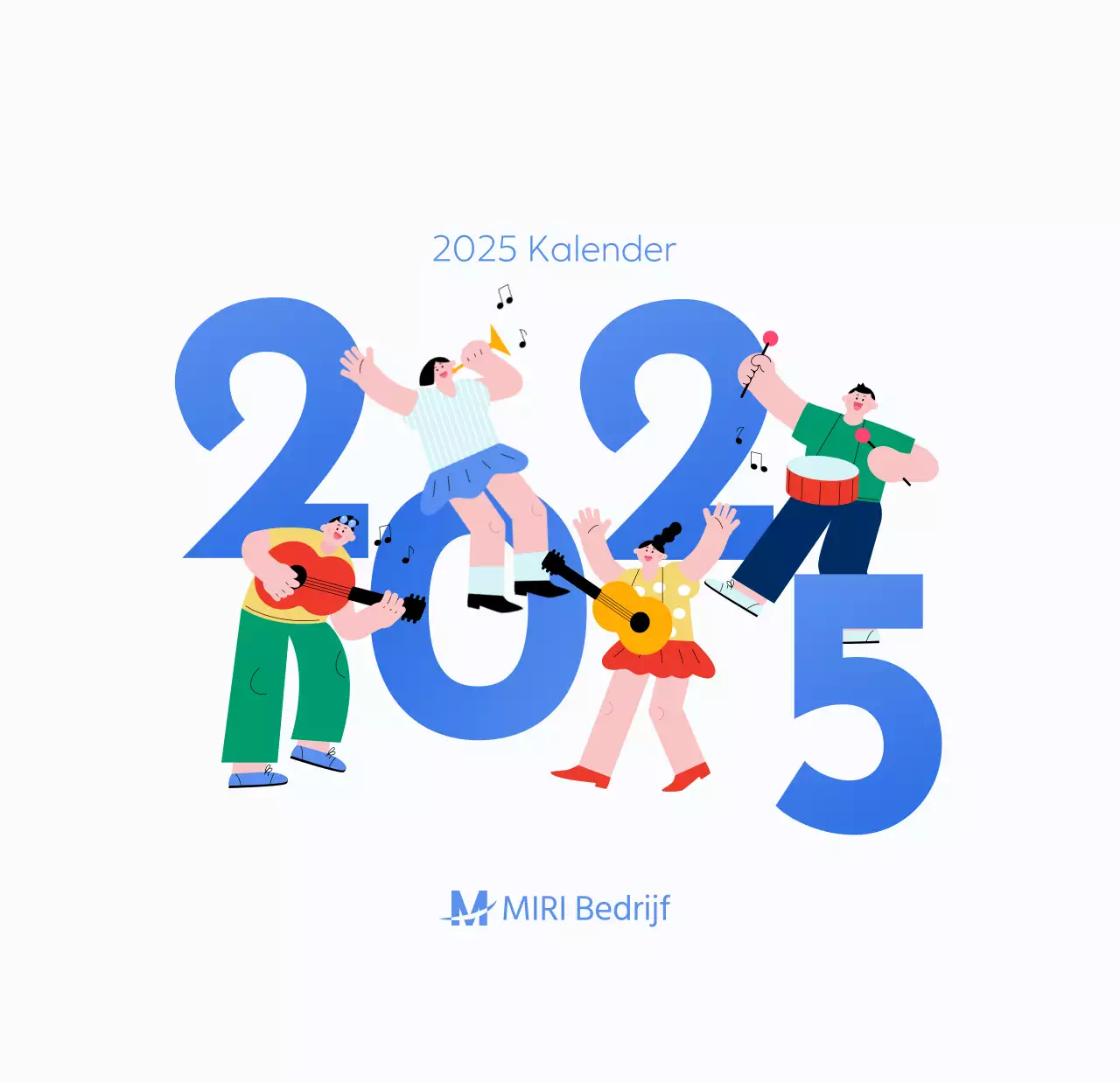 Motiverende kalender met energieke illustraties en positieve citaten op een lichtblauwe achtergrond