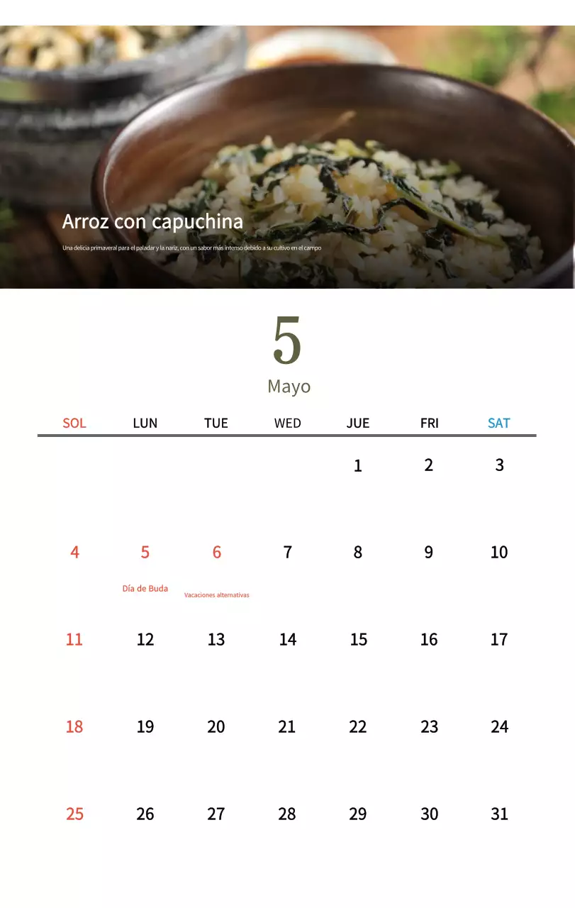 Calendario de comidas tradicionales en beige
