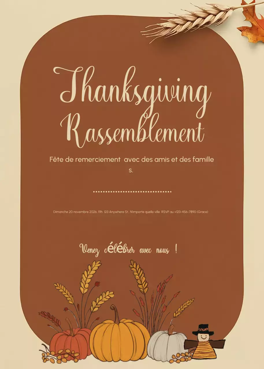 Invitation à la réunion de Thanksgiving rustique marron