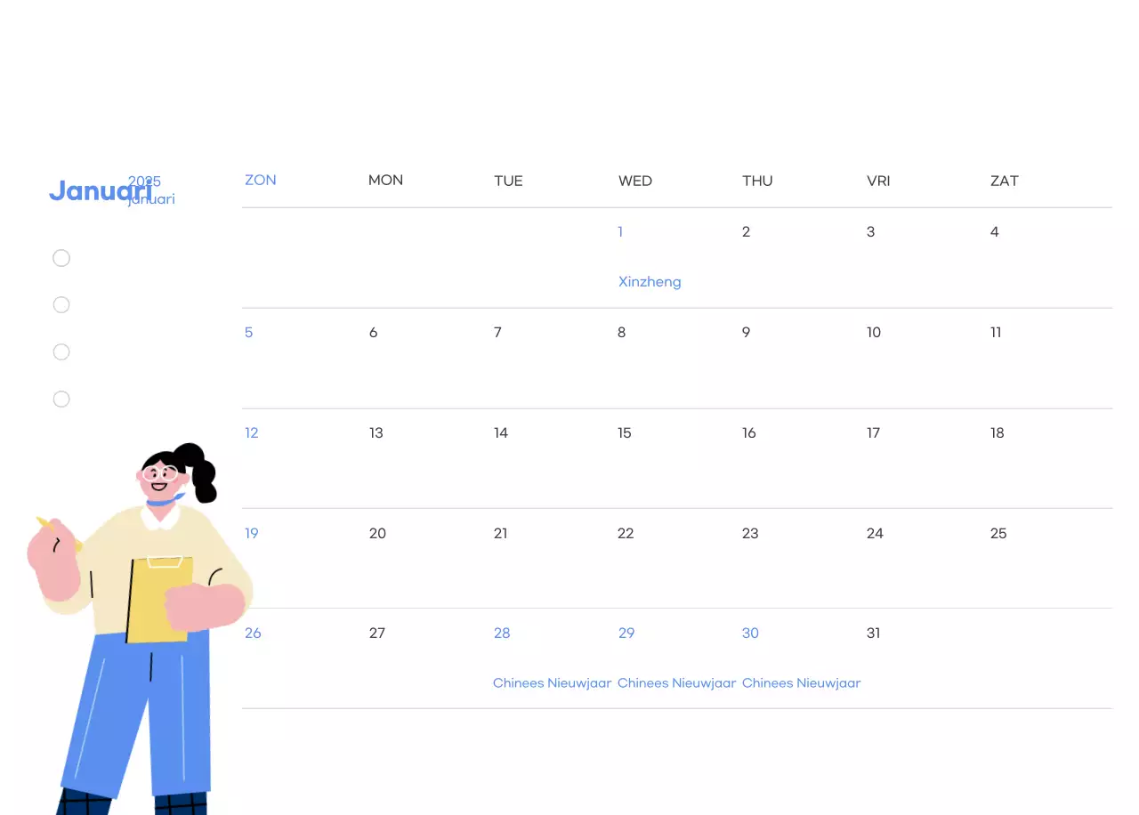 Motiverende kalender met energieke illustraties en positieve citaten op een lichtblauwe achtergrond
