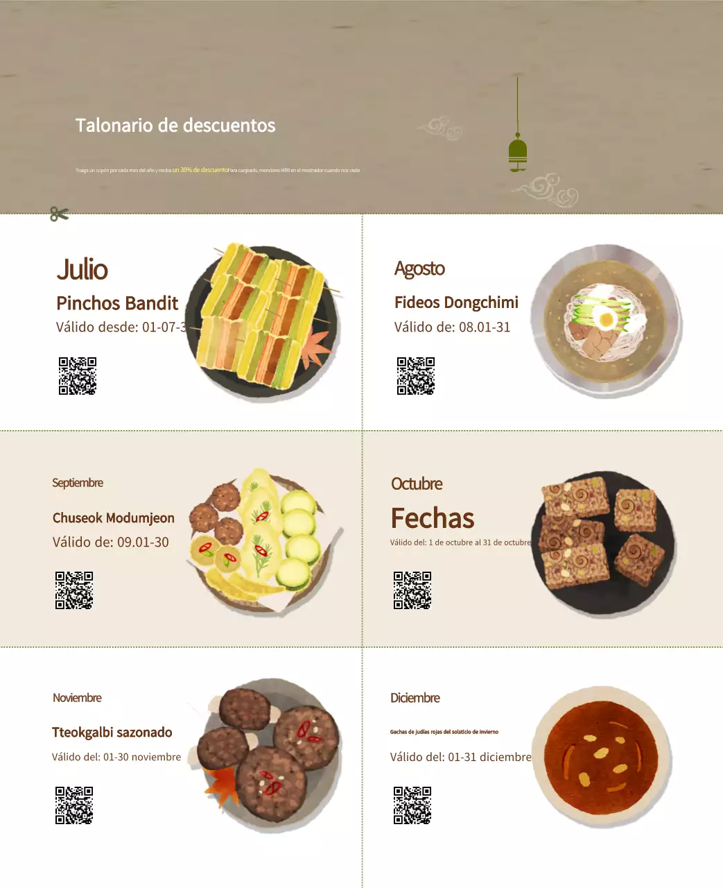Calendario de comidas tradicionales en beige
