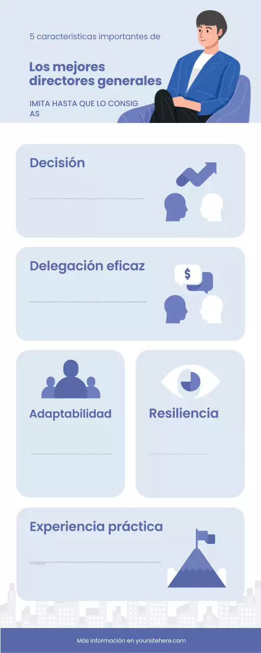 Infografía moderna en blanco y azul sobre gestión empresarial