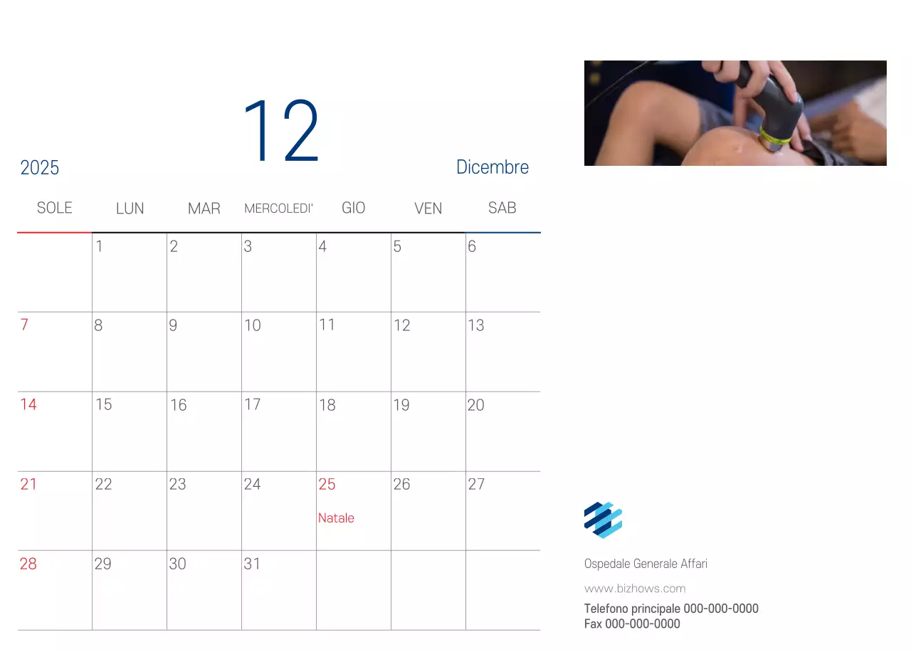 Calendario promozionale dell'ospedale semplice, bianco e blu