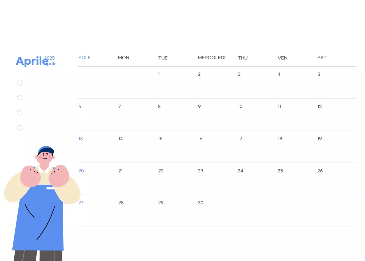 Calendario motivazionale con illustrazioni energetiche e citazioni positive su sfondo azzurro