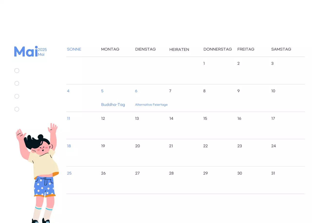 Motivationskalender mit energiegeladenen Illustrationen und positiven Zitaten auf hellblauem Hintergrund