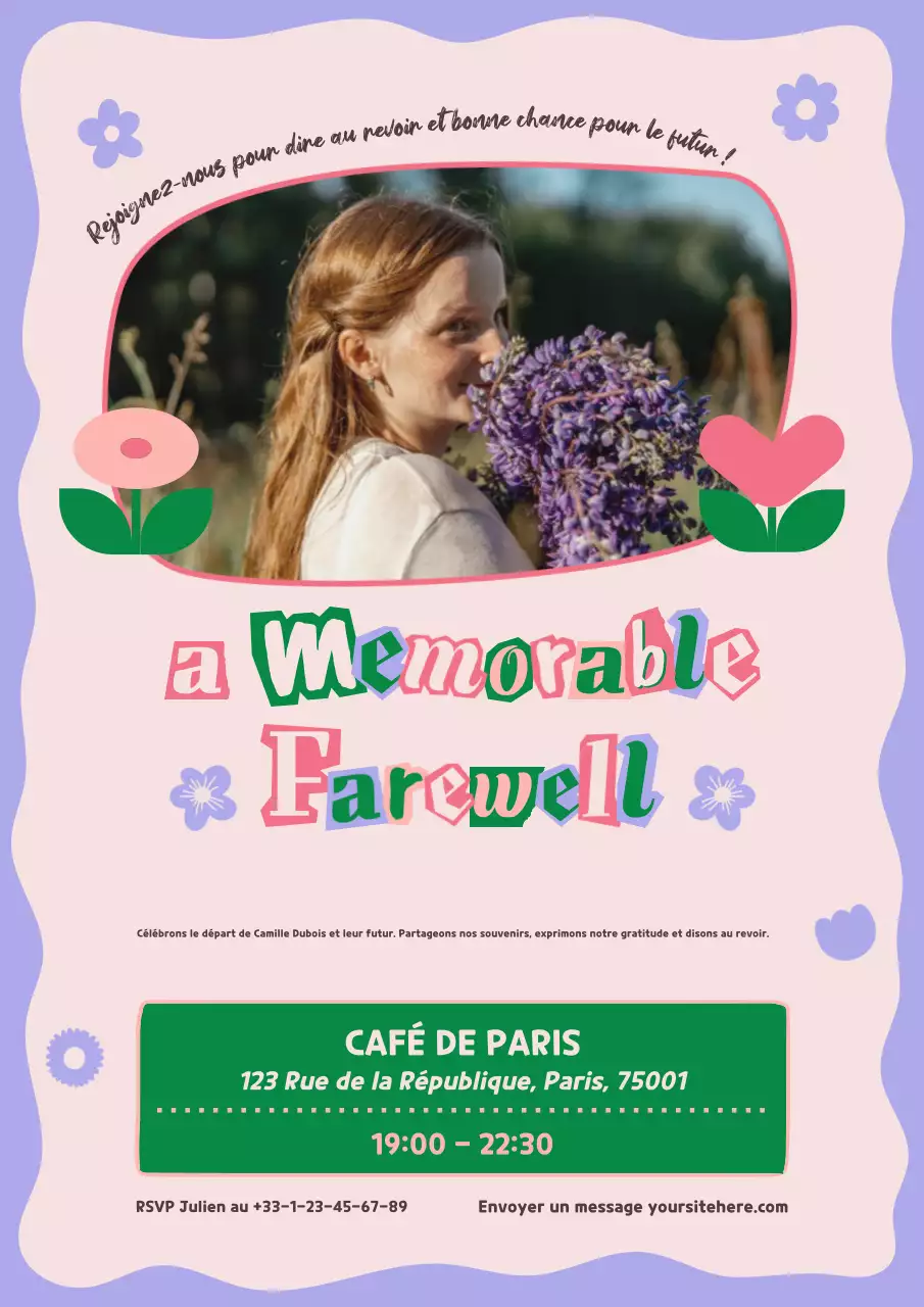 Invitation d'adieu ludique en violet