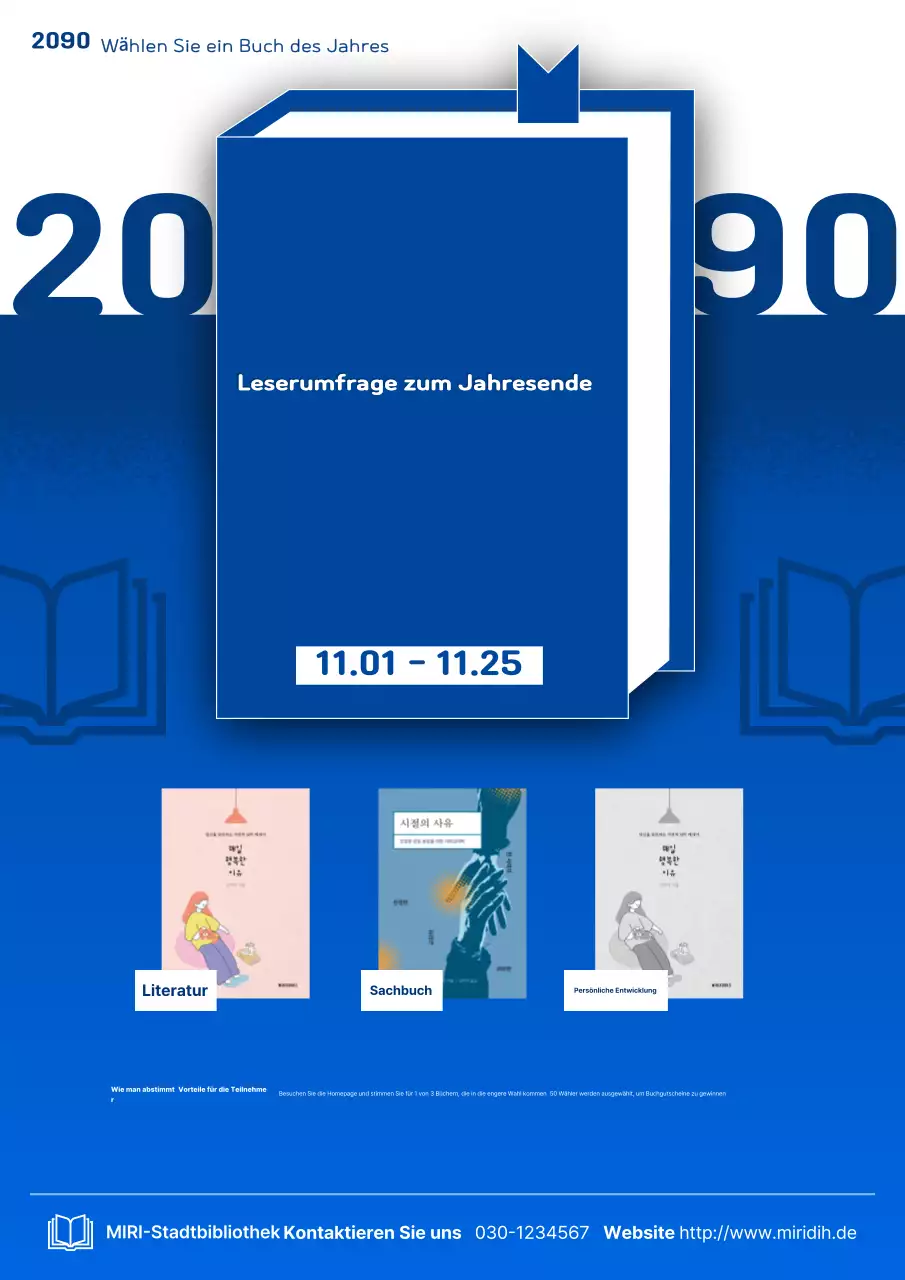 Eine saubere, blau-weiße Ankündigung der Wahl zum Buch des Jahres