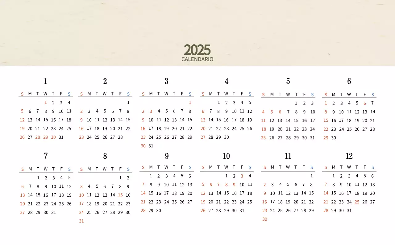 Calendario de comidas tradicionales en beige