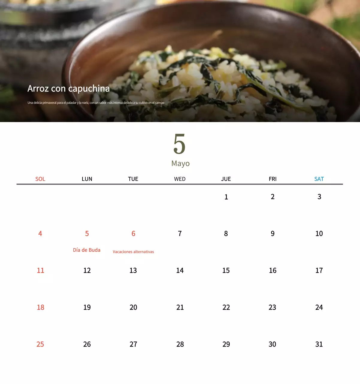 Calendario de comidas tradicionales en beige
