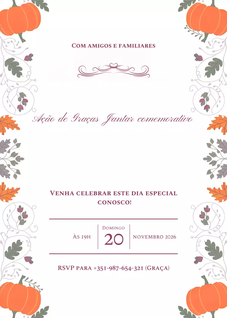 Convite de celebração do jantar de Ação de Graças