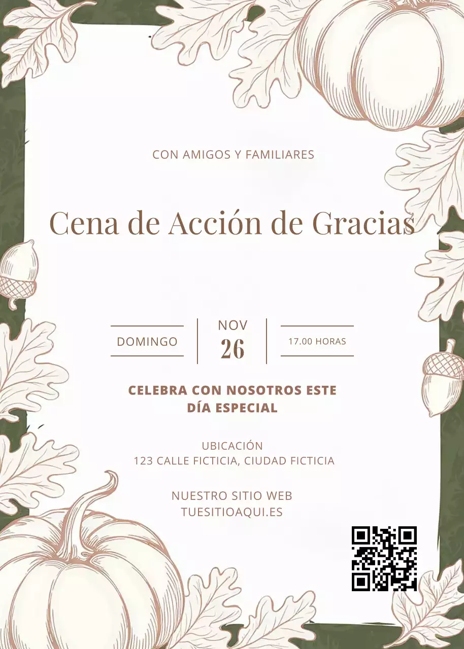 Invitación verde y blanca a una cena de Acción de Gracias