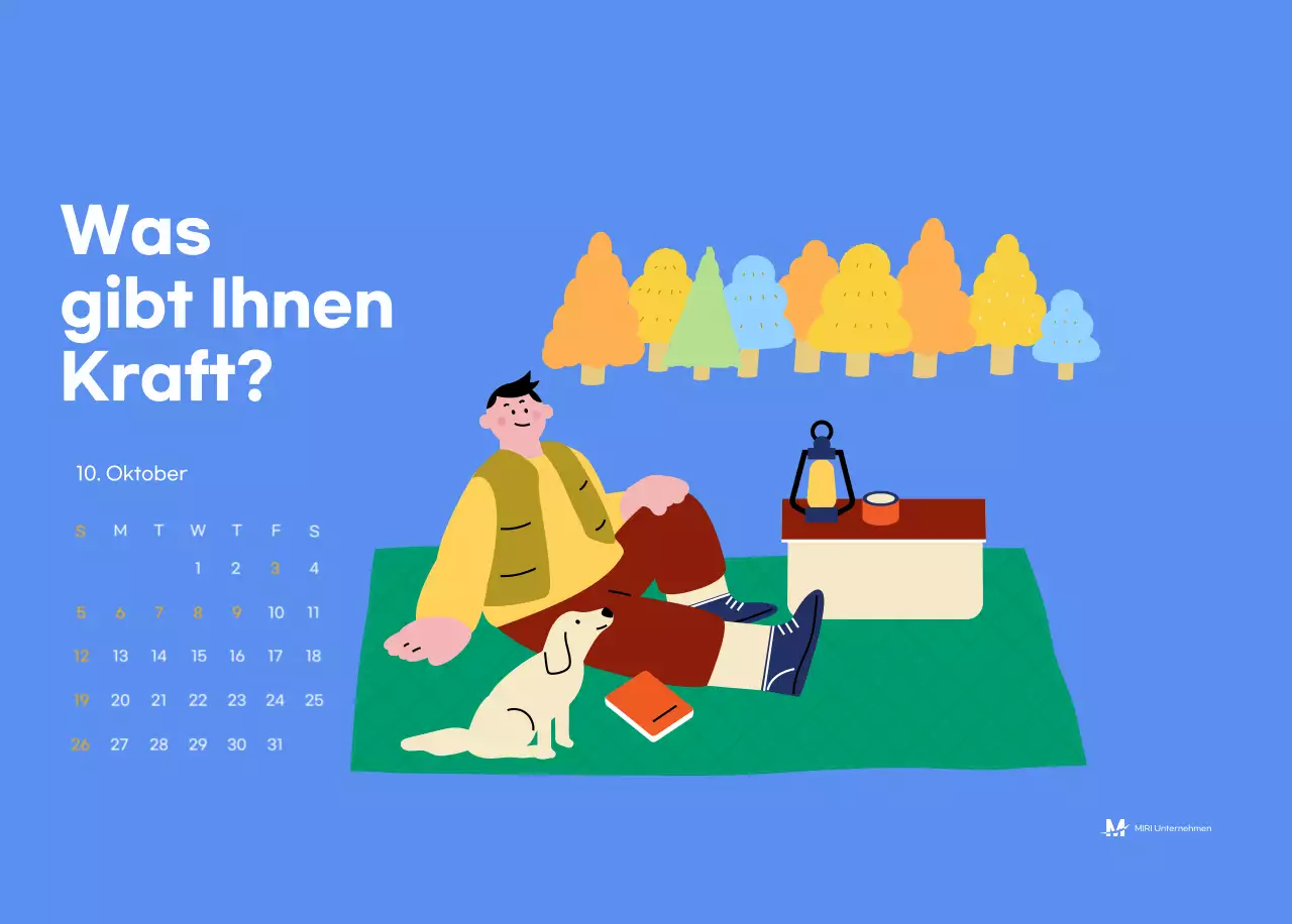 Motivationskalender mit energiegeladenen Illustrationen und positiven Zitaten auf hellblauem Hintergrund