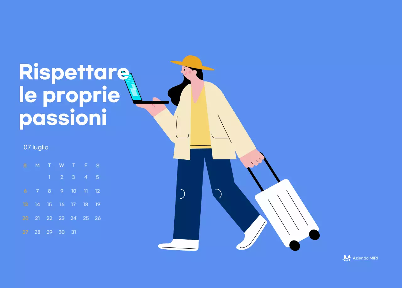 Calendario motivazionale con illustrazioni energetiche e citazioni positive su sfondo azzurro